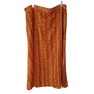Orange Floral Stripe Skirt Womens XXL Hippie Boho Front Slit NWT Elastic Waist